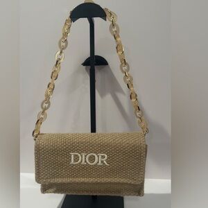 NEW Dior Raffia Clutch Crossbody Bag With Chain Tan Beige